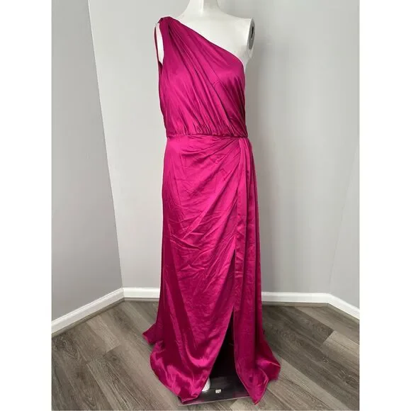 NWT Ieena for Mac Duggal One Shoulder Slit Satin Faux Wrap Maxi Gown Berry Sz 6 - Picture 6 of 13